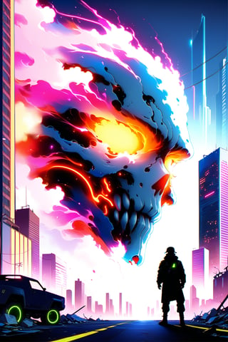 DonMW15pXL, cyborg style, soldier in front of a neon monster, city, buildings, skyscrapers, cyberpunk, neon lights, destroyed streets, danger, masterpiece, wallpaper