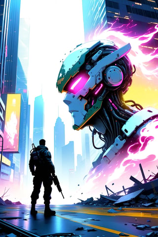 DonMW15pXL, cyborg style, soldier in front of a neon monster, city, buildings, skyscrapers, cyberpunk, neon lights, destroyed streets, danger, masterpiece, wallpaper