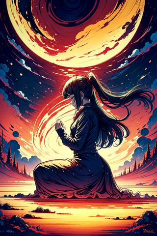 woman praying kneeling, burning background, red moon, wind, darkness, light of hope in a woman who prays for salvation