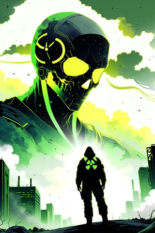 DonMW15pXL, cyborg style, soldier with anti-radiation suit facing giant biological terror, city, toxic smoke, radiation symbol, toxic environment symbols, radiation, masterpiece, wallpaper