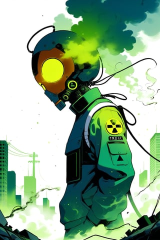 DonMW15pXL, cyborg style, soldier with anti-radiation suit facing giant biological terror, city, toxic smoke, radiation symbol, toxic environment symbols, radiation, masterpiece, wallpaper