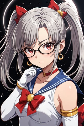 masterpiece, best quality, 1 girl, sailor moon, solo, sailor senshi uniform, short hair, gloves, sailor necklace, twintails, blue sailor necklace, jewelry, choker red, white gloves, earrings, choker, red bow, upper body, half moon, magical girl,glasses, half moon earrings, elbow length gloves, crescent moon, moon, hoop, bangs, looking at viewer, silver hair,  red eyes