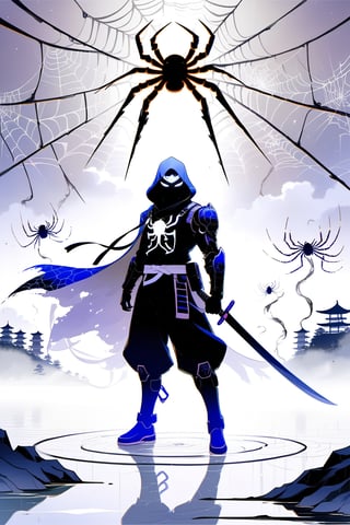 DonMW15pXL, cyborg style, Japanese style, ninja with a weapon in front of the spider god, spider web, fog background, lake, masterpiece, wallpaper,