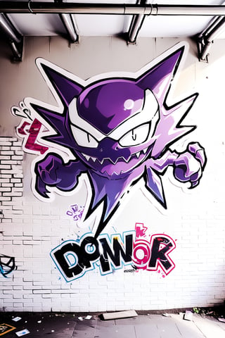 DonMW15pXL, cyborg style,Haunter (Pokemon) graffiti, graffiti on a wall, noon, masterpiece, wallpaper, English letters, sticker