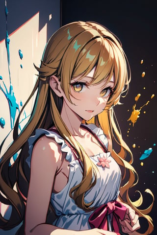 blonde hair,light brown eyes, sakura leafs, vivid colors, white dress, paint splash, simple background, ray tracing, wavy hair, oshino shinobu