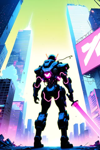 DonMW15pXL, cyborg style, soldier in front of a neon monster, city, buildings, skyscrapers, cyberpunk, neon lights, destroyed streets, danger, masterpiece, wallpaper