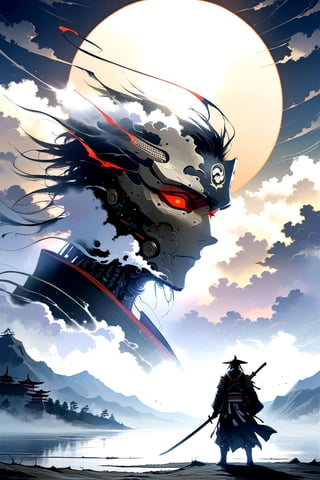 DonMW15pXL, cyborg style, Japanese style, samurai warrior in front of the face of the god of death, cloud and fog background, lake, masterpiece, wallpaper, Japanese letters,