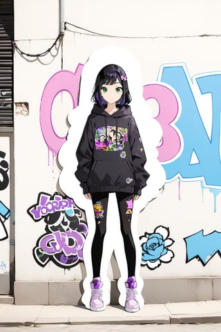 graffiti of a girl looking at the viewer, black hair with purple tips, green eyes, graffiti, full body, noon, masterpiece, wallpaper, Sticker, ,yor briar,black hair