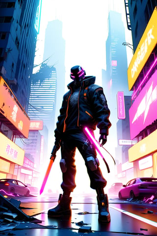 DonMW15pXL, cyborg style, soldier in front of a neon god, city, cyberpunk, neon lights, destroyed streets, danger, masterpiece, wallpaper