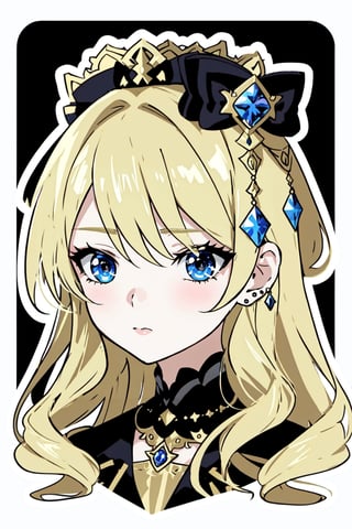  anime style,,sticker,,stickers, Stickers, ,diamond accessories, blonde hair, blue eyes, white borders around the face, black background,1girl navia, CHIBI