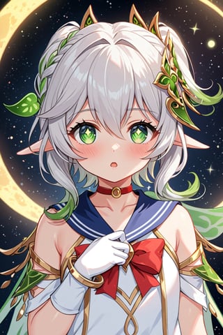 masterpiece, best quality, 1 girl, sailor moon, solo, sailor senshi uniform, nahida genshin, white hair, short hair, green eyes, gloves, sailor collar, two tales, blue sailor collar, jewelry, red choker, white gloves , earrings, bun, choker, double bun, red bow, upper body, bun, half moon, magical girl, open mouth, half moon earrings, elbow length gloves, crescent moon, meme, moon, hoop , bangs, looking at viewer, elf ears