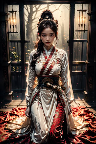 1girl, Sweet face, charming eyes{beautiful and detailed eyes}, eye smile((friendly and charming)), sexy lips, delicate facial features, seiza((model pose, sitting and kneeling on the floor)), busty body type, long hair(dark hair:1.2),  long ponytail, curly hair, beautiful hanfu(red, transparent), japan temple (inside room), fine traditional table{calligraphy painting on table}, teapot on table, flim grain, looking to audience, masterpiece, Best Quality, natural and soft light photorealistic, ultra-detailed, finely detailed, high resolution, sharp-focus, glowing forehead, perfect shading, highres, photorealistic,perfect,midjourney,hand,horror