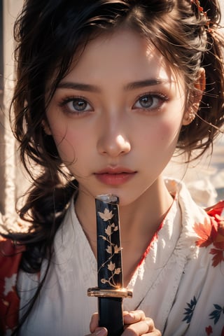 1girl, Sweet face, full body, very huge breasts, charming eyes, looking to audience, {beautiful and detailed eyes}, eye smile, ((nervous and embarrassed)), sexy lips, delicate facial features,((model pose)), Glamor body type, (dark hair:1.2),  long ponytail, straight hair, Female Samurai, {{holding a Japanese Sword}}, beautiful hanfu(black, transparent), Japan temple, autumn morning, under maple tree, (maple leaf scattered), flim grain, masterpiece, Best Quality, natural and soft light photorealistic, ultra-detailed, finely detailed, high resolution, sharp-focus, glowing forehead, perfect shading, highres, photorealistic,perfect,photorealistic,hand,fingers