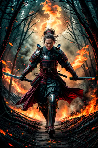 female samurai, charming eyes, long hair, angry, roaring, samurai armor, samurai sword {rising samurai sword}, running fast{runnung to audience}}, extremely bloody, forest on fire, flames, bright lights, sharp focus, perfect shading, masterpiece, best quality, extremely detailed, highres, photorealistic, full body