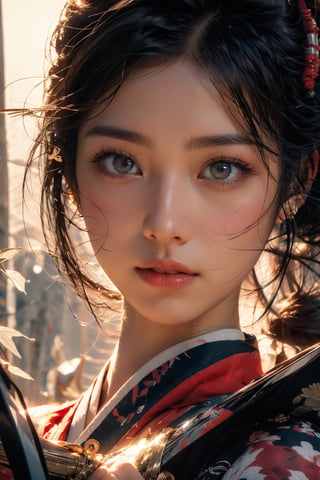 1girl, Sweet face, full body, very huge breasts, charming eyes, looking to audience, {beautiful and detailed eyes}, eye smile, ((nervous and embarrassed)), sexy lips, delicate facial features,((model pose)), Glamor body type, (dark hair:1.2),  long ponytail, straight hair, Female Samurai, {{holding a Japanese Sword}}, beautiful hanfu(black, transparent), Japan temple, autumn morning, under maple tree, (maple leaf scattered), flim grain, masterpiece, Best Quality, natural and soft light photorealistic, ultra-detailed, finely detailed, high resolution, sharp-focus, glowing forehead, perfect shading, highres, photorealistic,perfect,photorealistic,hand,fingers