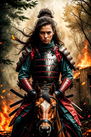 female samurai, charming eyes, long hair, angry, roaring, samurai armor, samurai sword {rising samurai sword}, riding horse {runnung to audience}}, extremely bloody, forest on fire, flames, bright lights, sharp focus, perfect shading, masterpiece, best quality, extremely detailed, highres, photorealistic, full body