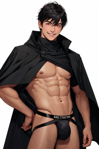 solo, looking at viewer, short hair, bangs, simple background, shirt, black hair, red eyes, 1boy, white background, hair between eyes, smile, standing, short sleeves, male focus, cowboy shot, black shirt, muscular, cloak, pouch,black-coat, jockstrap, underwear,male underwear, bulge, red_jockstrap, better_bulge,