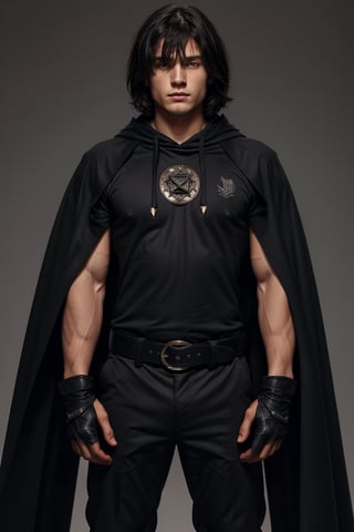 solo, looking at viewer, short hair, bangs, simple background, shirt, black hair, red eyes, gloves, 1boy, white background, hair between eyes, closed mouth, standing, short sleeves, male focus, cowboy shot, black gloves, belt, pants, hood, fingerless gloves, cape, black shirt, muscular, black pants, hood down, cloak, pouch, black cape,Lorenzo_Martinez,Masterpiece