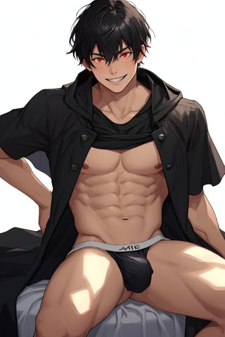 solo, looking at viewer, short hair, bangs,room background, shirt, black hair, red eyes, 1boy, white background, hair between eyes, smile,sitting in a bed, short sleeves, male focus, cowboy shot, black shirt, muscular, cloak, pouch,black-coat, jockstrap, underwear,male underwear, bulge, red_jockstrap, open_legs