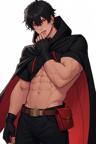 solo, looking at viewer, short hair, bangs, simple background, shirt, black hair, red eyes, gloves, 1boy, white background, hair between eyes, closed mouth, standing, short sleeves, male focus, cowboy shot, black gloves, belt, pants, hood, fingerless gloves, cape, black shirt, covered navel, muscular, black pants, hood down, cloak, pouch, black cape,Lorenzo_Martinez