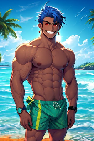 solo, looking at viewer,serious ,short hair, red eyes, 1boy, jewelry, blue hair, male, stading in the sand, male_only, earrings,swimsuit ,dark skin, grin, dark-skinned male, pectorals, watch,wristwatch, dark blue hair, hair strand,Beautiful Beach, background_beach, 