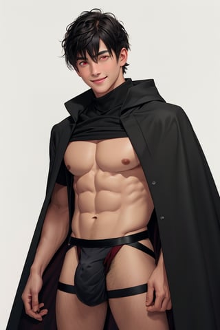 solo, looking at viewer, short hair, bangs, simple background, shirt, black hair, red eyes, 1boy, white background, hair between eyes, smile, standing, short sleeves, male focus, cowboy shot, black shirt, muscular, cloak, pouch,black-coat, jockstrap, underwear,male underwear, bulge, red_jockstrap, better_bulge,