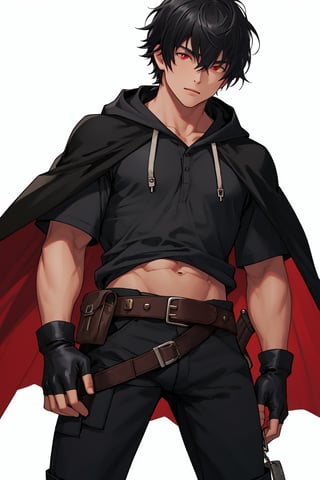 solo, looking at viewer, short hair, bangs, simple background, shirt, black hair, red eyes, gloves, 1boy, white background, hair between eyes, closed mouth, standing, short sleeves, male focus, cowboy shot, black gloves, belt, pants, hood, fingerless gloves, cape, black shirt, covered navel, muscular, black pants, hood down, cloak, pouch, black cape, belt pouch, covered abs