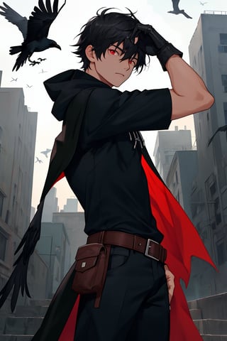 solo, looking at viewer, short hair, bangs, detailed_background, shirt, black hair, red eyes, gloves, 1boy,background_city, hair between eyes, closed mouth, standing, short sleeves, male focus, cowboy shot, black gloves, belt, pants, hood, fingerless gloves, cape, black shirt, muscular, black pants, hood down, cloak, pouch, black cape,Lorenzo_Martinez,crows flying around