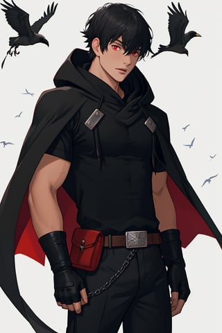 solo, looking at viewer, short hair, bangs, simple background, shirt, black hair, red eyes, gloves, 1boy,background_city, hair between eyes, closed mouth, standing, short sleeves, male focus, cowboy shot, black gloves, belt, pants, hood, fingerless gloves, cape, black shirt, muscular, black pants, hood down, cloak, pouch, black cape,Lorenzo_Martinez,crows flying around