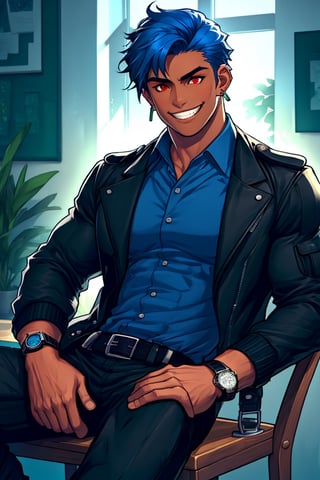 solo, looking at viewer,serious ,short hair, shirt, red eyes, 1boy, jewelry, sitting, blue hair, jacket, male focus, earrings, alternate costume, collared shirt, belt, pants, indoors, dark skin, grin, black jacket, window, chair, black pants,, dark-skinned male, suspenders, pectorals, watch, jacket on shoulders, wristwatch, dark blue hair, hair strand,Extremely Realistic