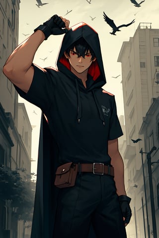 solo, looking at viewer, short hair, bangs, detailed_background, shirt, black hair, red eyes, gloves, 1boy,background_city, hair between eyes, closed mouth, standing, short sleeves, male focus, cowboy shot, black gloves, belt, pants, hood, fingerless gloves, cape, black shirt, muscular, black pants, hood down, cloak, pouch, black cape,Lorenzo_Martinez,crows flying around