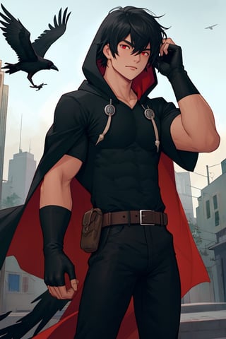 solo, looking at viewer, short hair, bangs, detailed_background, shirt, black hair, red eyes, gloves, 1boy,background_city, hair between eyes, closed mouth, standing, short sleeves, male focus, cowboy shot, black gloves, belt, pants, hood, fingerless gloves, cape, black shirt, muscular, black pants, hood down, cloak, pouch, black cape,Lorenzo_Martinez,crows flying around