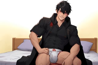 solo, looking at viewer, short hair, bangs,room background, shirt, black hair, red eyes, 1boy, white background, hair between eyes, smile,sitting in a bed, short sleeves, male focus, cowboy shot, black shirt, muscular, cloak, pouch,black-coat, jockstrap, underwear,male underwear, bulge, red_jockstrap, open_legs