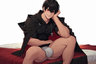 solo, looking at viewer, short hair, bangs,room background, shirt, black hair, red eyes, 1boy, white background, hair between eyes, smile,sitting in a bed, short sleeves, male focus, cowboy shot, black shirt, muscular, cloak, pouch,black-coat, jockstrap, underwear,male underwear, bulge, red_jockstrap, open_legs