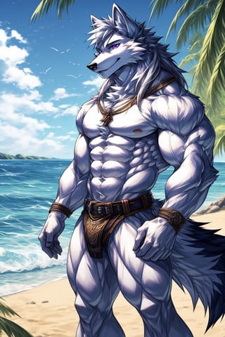 good_anatomy solo, long hair, animal ears, wolf_ears, purple eyes,tail, white hair, male focus,wolf_tail, muscular,furry, furry male, white fur, wolf boy, full_body,slip_purple,Beautiful Beach