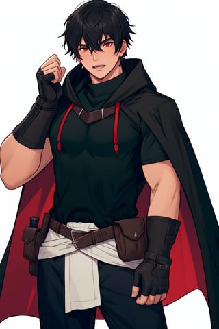 solo, looking at viewer, short hair, bangs, simple background, shirt, black hair, red eyes, gloves, 1boy, white background, hair between eyes, closed mouth, standing, short sleeves, male focus, cowboy shot, black gloves, belt, pants, hood, fingerless gloves, cape, black shirt, muscular, black pants, hood down, cloak, pouch, black cape,Lorenzo_Martinez