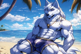 good_anatomy solo, long hair, animal ears, wolf_ears, purple eyes,tail, white hair, male focus,wolf_tail, muscular,furry, furry male, white fur, wolf boy, full_body,purple_boxer_shorts,Beautiful Beach, stading, bulge,underwear_bulge, fantasy, waves