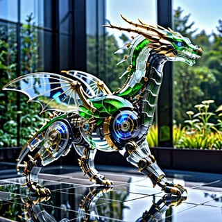 masterpiece, high quality, realistic aesthetic photo ,(HDR:1.2), pore and detailed, intricate detailed, graceful and beautiful textures, RAW photo, 16K, side view, (in the glass ground, on the cosmos), glass mechanical dragon, (bio hybrid robot), transparent glass skin, glass wing,c1bo