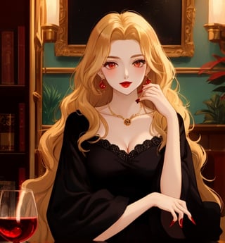 A beautiful witch woman with long wavy golden hair, vermillion eyes, fair skin, red lips, red nails, elegant and shiny black dress, black cat