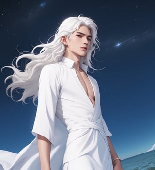 An ethereal man with long wavy straight white hair, cerulean eyes, fair skin, elegant white dress, stars_(sky)