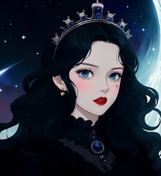An ethereal woman, thirty years old, long black wavy straight hair, light blue eyes, red lips, fair skin, authoritarian expression, blood on her face, black crown, gothic victorian black, starry night sky, 1girl