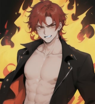 A beautiful man with short wavy straight red hair, ipnotic vermillion eyes, fair skin, bare chest, crazy angry smile with exposed teeth, flames background, 1guy