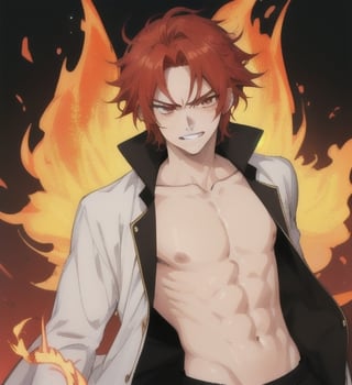 A beautiful anime man with wavy straight red hair, ipnotic vermillion eyes, fair skin, bare chest, angry smile with exposed teeth, flames background, 1guy