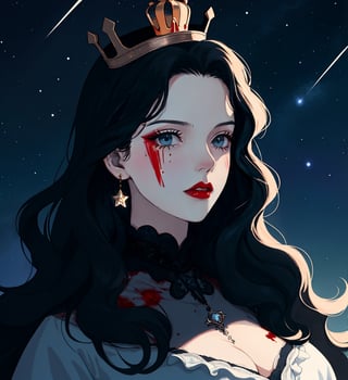 An ethereal woman, thirty years old, long black wavy straight hair, light blue eyes, red lips, fair skin, authoritarian expression, blood on her face, black crown, gothic victorian black, starry night sky, 1girl