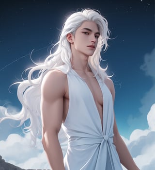 An ethereal man with long wavy straight white hair, light blue marine eyes, fair skin, elegant white dress, stars_(sky)