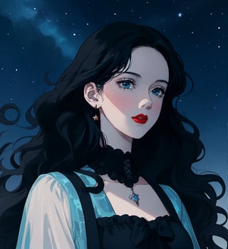 An ethereal woman, thirty years old, long black wavy straight hair, light ice blue eyes, red lips, fair skin, gothic victorian black, starry night sky, ice castle, 1girl