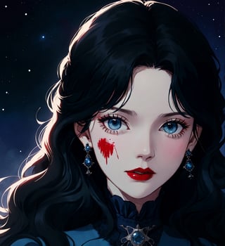 Close up, An ethereal woman, thirty years old, long black wavy straight hair, light blue eyes, red lips, fair skin, authoritarian expression, blood on her face, black crown, gothic victorian black, starry night sky, 1girl