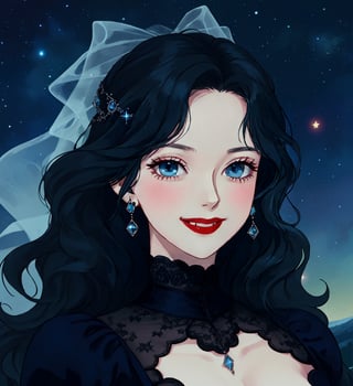 An ethereal woman, thirty years old, long black wavy straight hair, icy blue eyes, red lips, fair skin, winking smile, blood on her face, gothic victorian black, starry night sky, 1girl