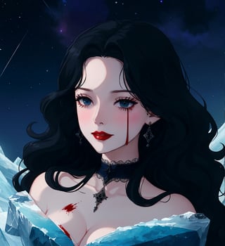 An ethereal woman, thirty years old, long black wavy straight hair, icy eyes, red lips, fair skin, winking expression, blood on her face, gothic victorian black, starry night sky, 1girl