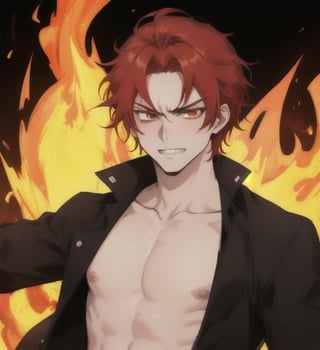 A beautiful man with short wavy straight red hair, ipnotic vermillion eyes, fair skin, bare chest, crazy angry smile with exposed teeth, flames background, 1guy